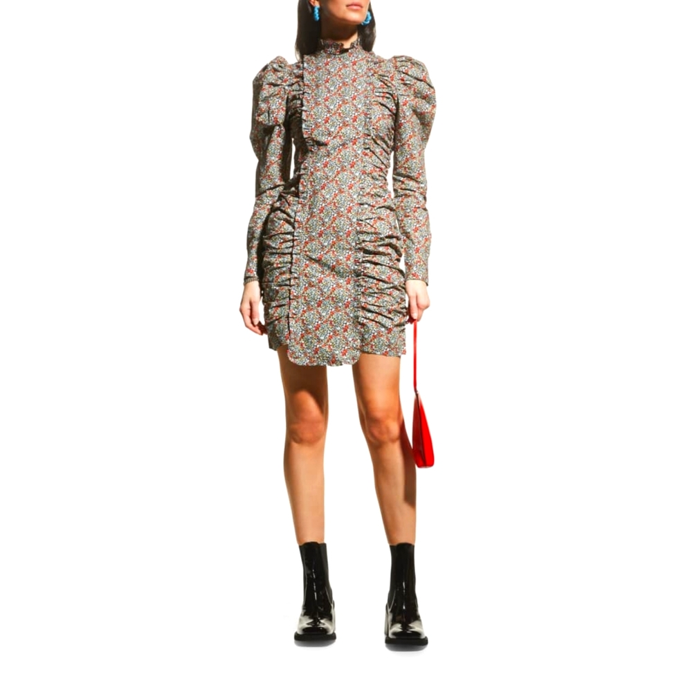 Ganni Ruched Floral-print Organic Cotton-poplin Mini Dress